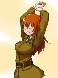Rule 34 | 1girl, arms up, beige background, charlotte e. yeager, closed eyes, long hair, long sleeves, military, military uniform, orange hair, shibasaki shouji, simple background, solo, stretching, strike witches, uniform, world witches series