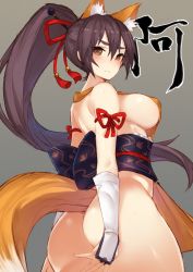 Rule 34 | 10s, 1girl, a (show by rock!!), animal ears, ass, bad id, bad twitter id, black hair, blush, breasts, covering privates, covering crotch, daruma doll, eyebrows, female focus, fox ears, fox tail, hair ornament, hair stick, high ponytail, inayama, large breasts, long hair, looking back, no bra, no panties, obi, ponytail, red eyes, sash, show by rock!!, sideboob, solo, tail, tassel, thick eyebrows