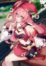 Rule 34 | 1girl, absurdres, abyss of alyss, antlers, bare shoulders, black bloomers, bloomers, blue eyes, blurry, blurry background, bow, breasts, cleavage, commentary, crop top, detached sleeves, genshin impact, grin, hair between eyes, highres, horns, long hair, long sleeves, looking at viewer, midriff, pink hair, pom pom (clothes), red headwear, sitting, smile, solo, stomach, underwear, very long hair, yanfei (genshin impact), yellow bow