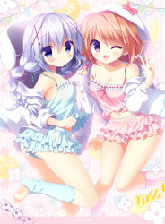 Rule 34 | 2girls, ;d, alternate hairstyle, animal hat, blue eyes, blue hair, blue shirt, blue skirt, blush, bow, braid, breasts, brown hair, camisole, cat hat, cleavage, closed mouth, gochuumon wa usagi desu ka?, hair bobbles, hair ornament, hat, hood, hooded jacket, hoto cocoa, jacket, kafuu chino, leg up, leg warmers, long hair, looking at viewer, multiple girls, off shoulder, one eye closed, open mouth, pink bow, pink shirt, pink skirt, purple eyes, ribbon-trimmed shirt, sasai saji, shirt, skirt, sleeveless, sleeveless shirt, smile, striped, striped background, toeless legwear, toes, twin braids, v, vertical stripes, very long hair, x hair ornament