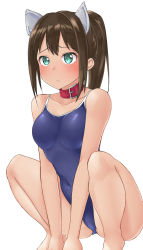 Rule 34 | 1girl, aimobake, animal ears, bad id, bad twitter id, breast press, breasts, brown hair, collar, competition school swimsuit, covered navel, green eyes, highres, idolmaster, idolmaster cinderella girls, long hair, medium breasts, one-piece swimsuit, ponytail, school swimsuit, shibuya rin, solo, squatting, swimsuit