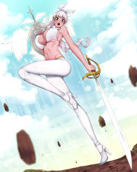 Rule 34 | 1girl, :o, absurdres, akchu, bare shoulders, bikini, bikini top only, blue sky, blush, breasts, brown eyes, covered erect nipples, day, dungeon and fighter, dutch angle, floating rock, hair ribbon, high heels, highres, holding, holding shield, holding sword, holding weapon, knight (dungeon and fighter), large breasts, leg up, lips, long hair, looking at viewer, motion blur, navel, open mouth, outdoors, pants, ponytail, ribbon, round teeth, shield, sky, solo, standing, standing on one leg, stomach, swimsuit, sword, teeth, tight clothes, tight pants, underboob, very long hair, weapon, white bikini, white footwear, white pants, white ribbon, white wings, wings