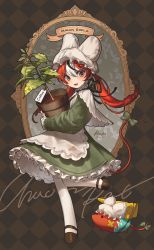 Rule 34 | 1girl, absurdres, alternate costume, alternate hairstyle, apron, black footwear, black hair, blue eyes, bow, character name, coffee tree, dress, fangs, frilled apron, frills, full body, green bow, green dress, hair between eyes, hakos baelz, handot (d yot ), hat, highres, hololive, hololive english, long sleeves, looking at viewer, low twintails, mob cap, mouse girl, mouse tail, multicolored eyes, multicolored hair, open mouth, pantyhose, petticoat, plant, potted plant, red eyes, red hair, shawl, sidelocks, smile, solo, standing, streaked hair, tail, tail bow, tail ornament, twintails, virtual youtuber, white apron, white hair, white pantyhose
