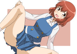 Rule 34 | 10s, 1girl, :d, bad id, bad pixiv id, blush, brown eyes, dutch angle, fang, inokuma youko, kin-iro mosaic, looking at viewer, naruse mai, no panties, open mouth, red hair, school uniform, short hair, smile, solo, squatting, thick thighs, thighs, white legwear