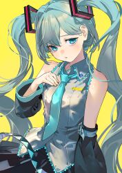 Rule 34 | 1girl, absurdres, bare shoulders, black skirt, black sleeves, blue eyes, blue hair, blush, breasts, collared shirt, cowboy shot, detached sleeves, frilled shirt, frills, furrowed brow, grey shirt, hair between eyes, hair ornament, hand on own chest, hatsune miku, head tilt, highres, long hair, long sleeves, looking at viewer, nik ibi, parted lips, pleated skirt, shirt, sidelocks, simple background, skirt, sleeveless, sleeveless shirt, small breasts, solo, twintails, very long hair, vocaloid, yellow background