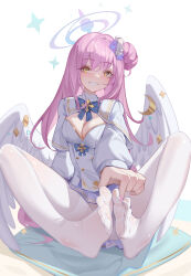 Rule 34 | 1girl, absurdres, angel wings, blue archive, blush, feet, grin, highres, long hair, looking at viewer, luai, mika (blue archive), pantyhose, pink hair, side bun, smile, soles, toes, white pantyhose, wings, yellow eyes