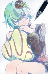 Rule 34 | 1girl, art tools in frame, bow, brown bow, brown shirt, candle no kaori wa omoide to tomo ni (project sekai), commentary, graphite (medium), green bow, green hair, hair bow, hair ornament, heart, heart-shaped pillow, highres, holding, holding pillow, kusanagi nene, long sleeves, looking at viewer, marker (medium), mechanical pencil, open mouth, pato (ptro), pencil, pillow, project sekai, puffy long sleeves, puffy sleeves, purple eyes, shirt, short hair, solo, traditional media