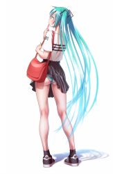 Rule 34 | 1girl, aqua hair, bag, from behind, full body, handbag, hatsune miku, long hair, nail polish, panties, pantyshot, simple background, skirt, skirt caught on object, solo, standing, striped clothes, striped panties, twintails, underwear, very long hair, vocaloid, wardrobe malfunction, white background, wokada