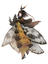 Rule 34 | 1girl, absurdres, arthropod girl, black footwear, black hair, blunt bangs, bob cut, breasts, commentary request, dress, from side, full body, hair ribbon, high heels, highres, insect girl, insect wings, layered dress, looking at viewer, mikebosi, moth girl, moth wings, off-shoulder dress, off shoulder, original, pants, ribbon, see-through, short hair, simple background, solo, white background, wings, yellow dress, yellow pants