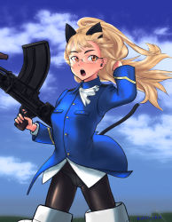 Rule 34 | 1girl, animal ears, black pantyhose, blonde hair, blush, breasts, cat ears, cat tail, glasses, gun, highres, long hair, military, military uniform, neckerchief, open mouth, orange eyes, panties, panties over pantyhose, pantyhose, perrine h. clostermann, rifle, shiri chin, sky, small breasts, solo, strike witches, tail, underwear, uniform, weapon, white neckerchief, white panties, world witches series