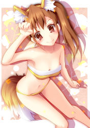 Rule 34 | 1girl, animal ears, arm support, bandeau, bare shoulders, bent over, bikini, breasts, brown eyes, brown hair, cleavage, fox ears, fox tail, futami mami, highres, idolmaster, idolmaster (classic), long hair, looking at viewer, natsu (anta tte hitoha), navel, side ponytail, smile, solo, swimsuit, tail