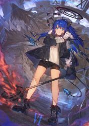 Rule 34 | 1girl, absurdres, arknights, bare legs, black footwear, black gloves, black jacket, black shirt, black shorts, blue eyes, blue hair, boots, commentary, dual wielding, gloves, grin, halo, highres, holding, holding staff, horns, huge filesize, jacket, long hair, long sleeves, looking at viewer, mostima (arknights), open clothes, open jacket, originium arts (arknights), roman numeral, shirt, short shorts, shorts, smile, solo, staff, standing, takeno (hashi falcon), thighs, white gloves, white shirt