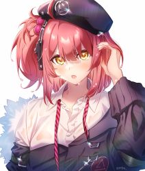 Rule 34 | 1girl, :o, beret, black hat, black jacket, collared shirt, girls&#039; frontline, hat, headphones, jacket, long sleeves, looking at viewer, moa (21energy12), mp7 (girls&#039; frontline), necktie, open mouth, red hair, shirt, side ponytail, simple background, solo, undone necktie, upper body, white background, white shirt, yellow eyes