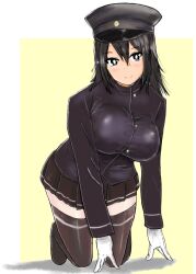 Rule 34 | 1girl, akitsu maru (kancolle), akitsu maru kai (kancolle), all fours, black eyes, black hair, black hat, black shirt, black skirt, black thighhighs, breasts, commentary request, gakuran, gloves, hat, hiccho rii, highres, kantai collection, large breasts, military uniform, peaked cap, pleated skirt, school uniform, shirt, short hair, skirt, solo, thighhighs, uniform, white gloves