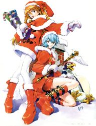 Rule 34 | 2girls, :d, alternate costume, ayanami rei, bell, bird, blue eyes, blue hair, boots, bow, bowtie, breasts, buckle, candy, candy cane, capelet, character doll, chimney, christmas, cleavage, cleavage cutout, clothing cutout, coat, dress, food, from side, full body, fur trim, gem, german text, gift, hair between eyes, hair ribbon, hand on own thigh, hat, heart, heart cutout, highres, holding, hood, hood down, ikari shinji, jingle bell, kaji ryouji, knee boots, long hair, looking at viewer, mittens, multiple girls, name tag, neon genesis evangelion, official art, open clothes, open coat, open mouth, orange hair, outstretched arm, page number, pantyhose, penguin, penpen, platform footwear, polka dot, pom pom (clothes), red eyes, red footwear, red hair, ribbon, rooftop, sack, sadamoto yoshiyuki, santa costume, santa hat, scan, shadow, short dress, short hair, signature, simple background, sitting, skirt, small breasts, smile, snow, souryuu asuka langley, standing, star (symbol), two side up, wand, white background, white mittens, white pantyhose, wings, winter clothes