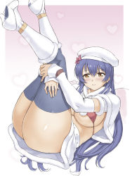 Rule 34 | 1girl, alternate breast size, ass, bikini, bikini top only, blue hair, blue thighhighs, blush, boots, breasts, detached sleeves, fur trim, hair between eyes, hat, heart, highres, hugging own legs, large breasts, legs up, long hair, looking at viewer, love live!, mogudan, simple background, skirt, smile, snow halation, solo, sonoda umi, swimsuit, thighhighs, white footwear, yellow eyes