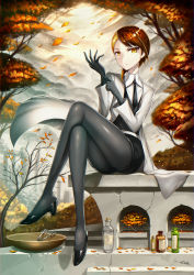 Rule 34 | 1other, adjusting clothes, adjusting gloves, black footwear, black gloves, black necktie, black pantyhose, black shirt, black shorts, blonde hair, bonsai, bowl, brown eyes, brown hair, closed mouth, cloud, cloudy sky, coat, collared shirt, full body, gia, gloves, high heels, highres, houseki no kuni, leaf, long sleeves, looking at viewer, multicolored hair, necktie, other focus, outdoors, pantyhose, rutile (houseki no kuni), scissors, shirt, shorts, signature, sitting, sky, solo, tree, two-tone hair, white shirt, wing collar