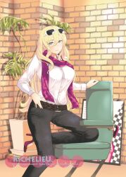 Rule 34 | 1girl, absurdres, black pants, blonde hair, blue eyes, brick wall, chair, character name, collared shirt, denim, dress shirt, eyewear on head, feet out of frame, hair between eyes, highres, jeans, jouzaburou (joe3), kantai collection, long hair, looking at viewer, mole, mole under eye, mole under mouth, official alternate costume, pants, plant, potted plant, purple scarf, richelieu (kancolle), scarf, shirt, solo, sunglasses, white shirt