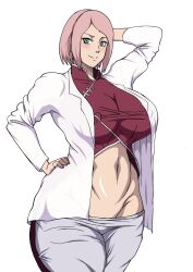 Rule 34 | arm behind head, blush, breasts, coat, hand on own hip, haruno sakura, lab coat, large breasts, looking at viewer, mature female, naruho, navel, pointy nipples, white coat, wide hips