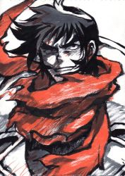 Rule 34 | 1boy, getter robo, male focus, manly, monochrome, nagare ryoma, nakamura kanko, red scarf, scarf, shin getter robo, sideburns, simple background, solo, toei animation