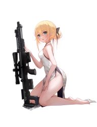 Rule 34 | 1girl, anti-materiel rifle, bare arms, bare legs, barefoot, black ribbon, blonde hair, blush, bolt action, breasts, bullpup, dress, dsr-50, from side, full body, green eyes, gun, guo582, hair ribbon, hand on own thigh, highres, kneeling, looking at viewer, looking to the side, medium breasts, open mouth, original, ribbon, rifle, simple background, sleeveless, sleeveless dress, sniper rifle, solo, weapon, white background, white dress