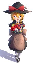 Rule 34 | 1girl, apron, black capelet, black gloves, black hat, black skirt, black vest, blonde hair, blue eyes, blush, bouquet, bow, bowtie, braid, bright pupils, brown apron, capelet, collared shirt, commentary request, cookie (touhou), flower, full body, gloves, hair bow, hat, hat bow, highres, holding, holding bouquet, kirisame marisa, kurotsuki hiiragi, looking at viewer, mary janes, meguru (cookie), open mouth, orange flower, pansy, pantyhose, pink flower, purple bow, red bow, red bowtie, red flower, shadow, shirt, shoes, short hair with long locks, side braid, simple background, single braid, skirt, smile, solo, standing, touhou, vest, waist apron, white background, white flower, white pantyhose, white pupils, white shirt, witch hat