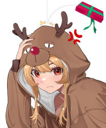 Rule 34 | 1girl, absurdres, animal costume, blonde hair, blush, breasts, brown eyes, cleavage, closed mouth, embarrassed, female focus, gift, hand on own head, highres, looking at viewer, medium breasts, medium hair, meishibiecheai, original, reindeer costume, simple background, solo, upper body, wavy mouth, white background