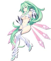 Rule 34 | bare shoulders, blue eyes, bodysuit, boots, breasts, choujigen game neptune sisters vs sisters, cleavage, frown, gloves, green hair, green heart (neptunia), hair between eyes, high heel boots, high heels, highres, large breasts, long hair, neptune (series), official art, ponytail, power symbol-shaped pupils, simple background, solo, symbol-shaped pupils, thighhighs, thighs, transparent background, vert (neptunia), very long hair