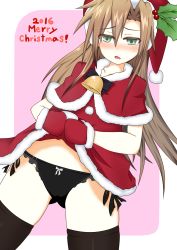 Rule 34 | 10s, 1girl, alternate costume, bad id, bad pixiv id, bell, blush, brown hair, female focus, green eyes, heart, heart-shaped pupils, highres, if (neptunia), long hair, neptune (series), open mouth, panties, ribbon, santa costume, solo, symbol-shaped pupils, thighhighs, underwear, yasei