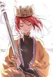Rule 34 | 1other, androgynous, black shirt, character name, closed eyes, closed mouth, commentary request, crown, hemo (hemoroda), highres, holding, holding sword, holding weapon, jacket, len&#039;en, long sleeves, ooya kunimitsu, open clothes, open jacket, red hair, shirt, short hair, sketch, smile, solo, sword, turtleneck, upper body, weapon, white background, yellow jacket