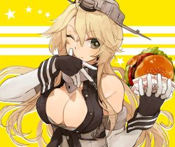 Rule 34 | 10s, 1girl, :q, ;q, ahoge, bad id, bad twitter id, bare shoulders, blonde hair, breasts, cleavage, fingerless gloves, food, gloves, burger, headgear, hita (hitapita), holding, iowa (kancolle), kantai collection, large breasts, licking, long hair, looking at viewer, one eye closed, solo, star-shaped pupils, star (symbol), symbol-shaped pupils, tongue, tongue out, upper body, wrist cuffs, yellow background