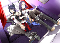 Rule 34 | 2girls, :d, alternate costume, bare shoulders, black hair, black legwear, cafe maid (love live!), cosplay, costume request, couch, crossover, elbow gloves, eyepatch, from below, gloves, grey eyes, headgear, high heels, highres, holding, idol, kabaneneko, kantai collection, looking at viewer, looking down, love live!, love live! school idol festival, love live! school idol project, microphone, multiple girls, open mouth, parody, pillow, plaid, plaid skirt, pleated skirt, purple eyes, purple hair, short hair, sitting, skirt, smile, tatsuta (kancolle), tenryuu (kancolle), thighhighs, zettai ryouiki
