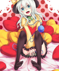 Rule 34 | 1girl, :d, alternate hairstyle, aqua eyes, bad id, bad pixiv id, black thighhighs, covering privates, covering crotch, female focus, green eyes, hat, heart, heart-shaped pillow, highres, komeiji koishi, long hair, open mouth, pillow, ryou (pixiv779953), ryou (rmssre3783), silver hair, sitting, smile, solo, thighhighs, touhou, v arms
