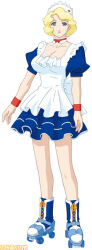 Rule 34 | 1girl, apron, artist request, blonde eyebrows, blonde hair, blue dress, blue eyes, blue sleeves, bow, collar, collarbone, cross-laced footwear, detached collar, dress, famitsu, frilled apron, frills, gold buckle, hat, knot, lip print, lips, looking at viewer, mature female, official art, plum spaniel, puffy sleeves, red bow, red wristband, roller skates, sakura taisen, sakura taisen v, second-party source, sega, short hair, short sleeves, skates, standing, very short hair, waitress, watermark, wheel, white apron, white background, white collar