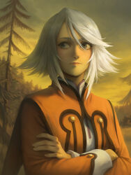 Rule 34 | 1girl, blue eyes, blush, crossed arms, flipped hair, hair between eyes, highres, kazuko (towa), looking to the side, portrait, raine sage, red lips, shirt, short hair, solo, tales of (series), tales of symphonia, white hair