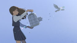 Rule 34 | 1girl, animal, beak hold, bird, birdcage, blue background, blue skirt, blue sky, branch, brown hair, cage, collared shirt, commentary request, cowboy shot, day, dove, floating hair, from side, glint, hair between eyes, highres, holding, kojiro337, long hair, looking at animal, looking away, mouth hold, neck ribbon, original, outstretched arms, pleated skirt, red ribbon, ribbon, shirt, skirt, skirt set, sky, sparkle, standing, white shirt, wind