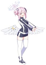 Rule 34 | 1girl, ;d, absurdres, angel wings, black shorts, blue archive, blunt bangs, commentary request, double bun, feathered wings, flower, fukujin, full body, gym shorts, gym uniform, hair bun, hair flower, hair ornament, hair scrunchie, halo, highres, jacket, long hair, long sleeves, looking at viewer, mika (blue archive), multicolored clothes, multicolored jacket, official alternate costume, official alternate hairstyle, one eye closed, open mouth, pink hair, scrunchie, shoes, short shorts, shorts, sidelocks, simple background, smile, sneakers, solo, standing, standing on one leg, stretching, thighhighs, track jacket, two-tone jacket, white background, white thighhighs, white wings, wings, yellow eyes, zettai ryouiki