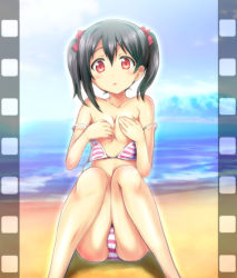 Rule 34 | 10s, 1girl, bad id, bad pixiv id, beach, bikini, bikini pull, black hair, breasts, cleavage, clothes pull, covering breasts, covering privates, day, film border, kashi, love live!, love live! school idol project, ocean, off shoulder, outdoors, red eyes, ribbon, short hair, sitting, sky, small breasts, solo, striped bikini, striped clothes, swimsuit, twintails, yazawa nico