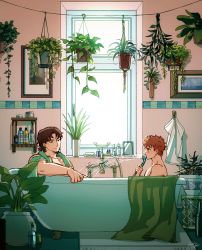 Rule 34 | 2boys, absurdres, bath, bathing, bathroom, bathtub, blush, brown eyes, brown hair, claw foot bathtub, contemporary, emiya shirou, eye contact, fate/grand order, fate/stay night, fate (series), from side, hanging plant, highres, indoors, kotomine kirei, light smile, looking at another, male focus, multiple boys, nude, orange hair, picture frame, plant, portrait (object), potted plant, profile, rasputin (fate), saba tora, same-sex bathing, senji muramasa (fate), shampoo bottle, shared bathing, short hair, signature, smile, spraying, towel, towel around neck, water, window, yaoi, yellow eyes