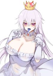 Rule 34 | 1girl, absurdres, amamitsu kousuke, areola slip, bad id, bad twitter id, blue tongue, blush, breasts, brooch, choker, cleavage, collarbone, colored tongue, commentary request, covered navel, crown, dress, eyes visible through hair, frilled choker, frills, gloves, hair between eyes, hands up, highres, jewelry, large breasts, long hair, looking at viewer, luigi&#039;s mansion, mario (series), mini crown, new super mario bros. u deluxe, nintendo, open mouth, princess king boo, puffy short sleeves, puffy sleeves, purple eyes, sharp teeth, short sleeves, silver hair, simple background, solo, super crown, teeth, tongue, tongue out, upper body, white background, white choker, white dress, white gloves