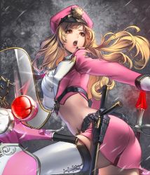 Rule 34 | 1girl, baton, belt, blonde hair, card (medium), chaos online, cuffs, edelyn, gloves, handcuffs, hat, high heels, holding, long hair, love cacao, midriff, miniskirt, motor vehicle, navel, necktie, official art, open mouth, orange eyes, police, police hat, police uniform, red eyes, scooter, skirt, solo, stiletto heels, thighhighs, translated, uniform, white gloves, white thighhighs, zettai ryouiki