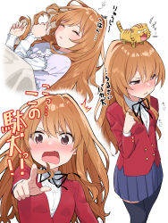Rule 34 | 1girl, ^^^, absurdres, aisaka taiga, animal, animal on head, black neckwear, black ribbon, black thighhighs, blue skirt, blush, brown eyes, brown hair, commentary request, closed eyes, fang, highres, long hair, long sleeves, looking at viewer, mameroku, on head, open mouth, pajamas, pleated skirt, ribbon, school uniform, simple background, skirt, sleeping, solo, thighhighs, tiger, toradora!, translation request, tsundere, white background, zettai ryouiki