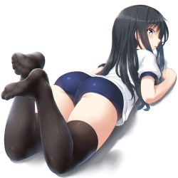 Rule 34 | 1girl, alternate costume, asashio (kancolle), ass, back, black hair, black thighhighs, blue buruma, blue eyes, blush, buruma, dd (ijigendd), feet, from behind, full body, gym uniform, highres, kantai collection, long hair, looking at viewer, looking back, lying, no shoes, on stomach, shadow, shirt, short sleeves, simple background, soles, solo, the pose, thighhighs, white background, white shirt