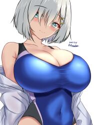 Rule 34 | 1girl, blue eyes, blush, breasts, competition swimsuit, covered navel, dated, grey hair, hair ornament, hair over one eye, hairclip, hamakaze (kancolle), highres, jacket, kantai collection, large breasts, looking at viewer, montemasa, one-piece swimsuit, short hair, simple background, smile, solo, swimsuit, swimsuit under clothes, twitter username