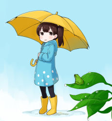 Rule 34 | 10s, 1girl, aged down, alternate costume, black pantyhose, boots, brown eyes, brown hair, commentary request, frog, gradient background, highres, kaga (kancolle), kantai collection, leaf, nakashino setsu, open mouth, pantyhose, ponytail, rain, raincoat, rubber boots, short hair, side ponytail, solo, umbrella, yellow footwear