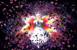 Rule 34 | agent (ikuoikuo), blonde hair, blue eyes, dress, fairy wings, hat, highres, lily white, long hair, multicolored wings, petals, pom pom (clothes), touhou, white dress, white footwear, wings