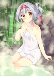 Rule 34 | 10s, 1girl, ashino, bamboo, bamboo forest, bathing, brown eyes, folded hair, forest, hairband, kantai collection, long hair, naked towel, nature, personification, ribbon, shoukaku (kancolle), silver hair, smile, solo, towel, water, water spring