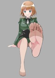 Rule 34 | 1girl, absurdres, blue eyes, brown hair, feet, gundula rall, highres, light blush, looking at viewer, medium hair, military, military uniform, open mouth, panties, panties under pantyhose, pantyhose, pantyshot, soles, strike witches, toes, underwear, uniform, world witches series