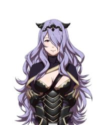 Rule 34 | 1girl, between breasts, blush, breasts, camilla (fire emblem), cleavage, fire emblem, fire emblem fates, light purple hair, long hair, looking at viewer, nintendo, official art, purple eyes, simple background, smile, solo, upper body