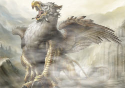 Rule 34 | akio (artist), beak, building, feathers, fog, griffin, lion tail, monster, mountain, muscular, no humans, pixiv fantasia, pixiv fantasia 3, roaring, ruins, scales, solo, tail, tongue, wings, yellow eyes